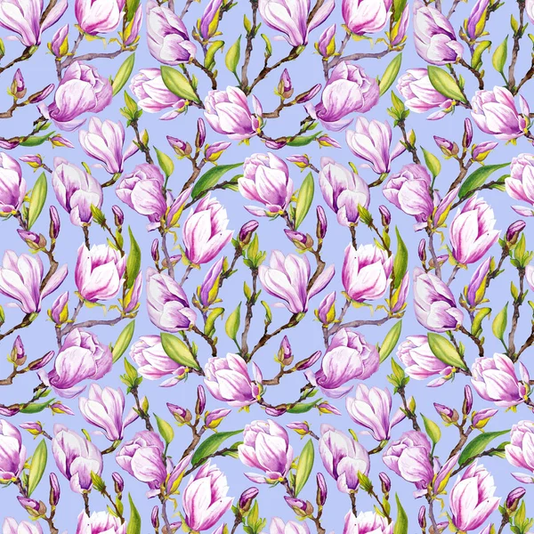 Seamless Pattern Magnolia Flowers Watercolor Illustration Sky Blue Background — Stock Photo, Image