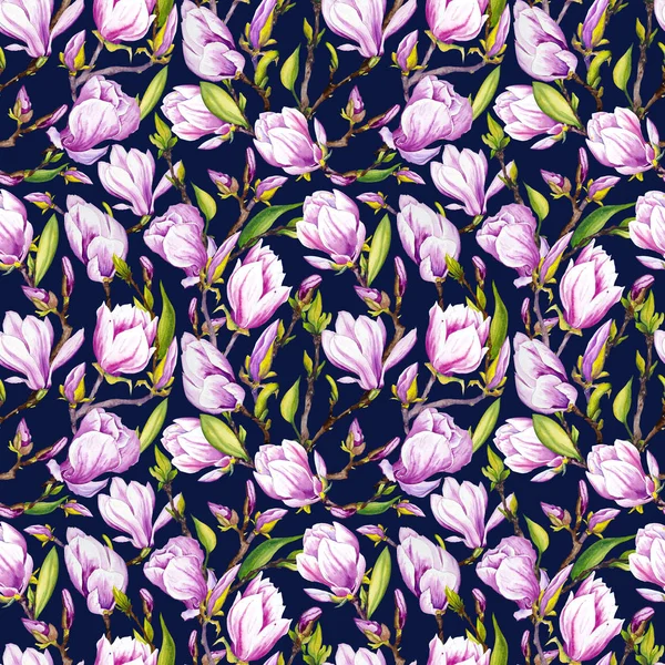 Seamless Pattern Magnolia Flowers Watercolor Illustration Dark Blue Background — Stock Photo, Image