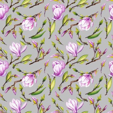 Manolya çiçek ile Seamless modeli. Gri zemin üzerine suluboya resim.