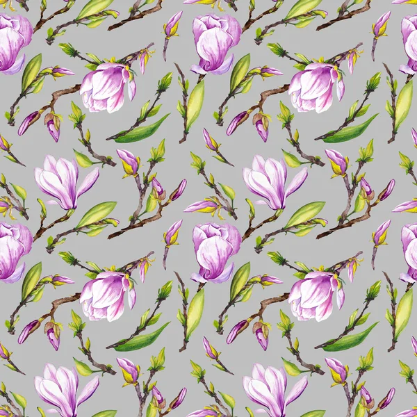Απρόσκοπτη Μοτίβο Magnolia Λουλούδια Ακουαρέλα Εικονογράφηση Γκρίζο Φόντο — Φωτογραφία Αρχείου