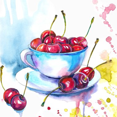 Beyaz bir fincan lezzetli kırmızı kiraz. Parlak sıçraması ile orijinal suluboya resim.