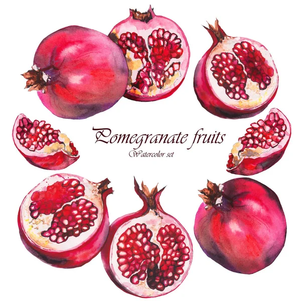 Ensemble Aquarelle Fruits Grenade Rouge Eléments Isolés Pour Conception Aquarelle — Photo