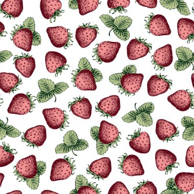 Kırmızı çilek ve yaprakları ile Seamless modeli. El vektör beyaz zemin üzerine çekilmiş..