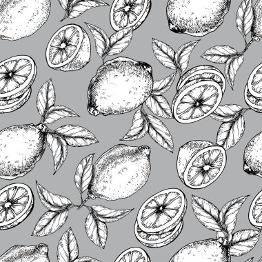 Limon meyve ve yaprakları ile Seamless modeli. Gri arka plan üzerinde elle çizilmiş vektör.