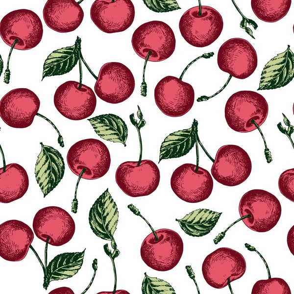 无缝的图案与红色的樱桃和叶子 手绘向量在白色背景 — 图库矢量图片