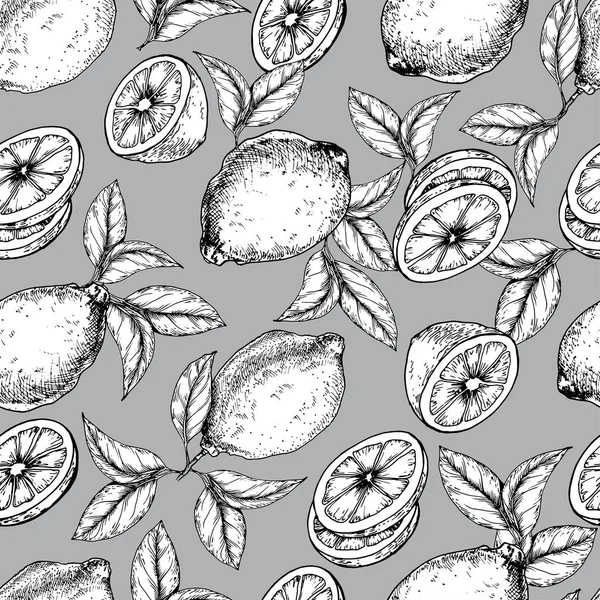 Limon meyve ve yaprakları ile Seamless modeli. Gri arka plan üzerinde elle çizilmiş vektör.