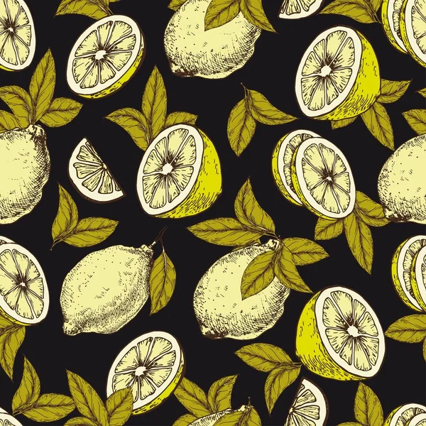 无缝模式与柠檬水果和树叶 手绘向量在黑色背景 — 图库矢量图片