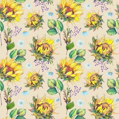 Ay çiçekleri, papatya çiçekleri ve yaprakları ile Seamless modeli. Bej renkli arka plan üzerine suluboya.