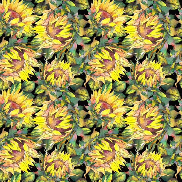 Nahtloses Muster Mit Gelben Sonnenblumen Und Blättern Aquarell Auf Schwarzem — Stockfoto