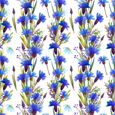 Mavi Peygamber ve papatya ile Seamless modeli. Beyaz arka plan üzerine suluboya.