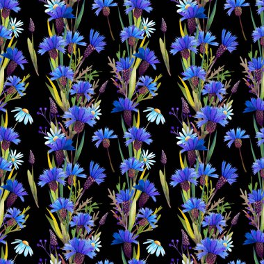 Mavi Peygamber ve papatya ile Seamless modeli. Siyah arka plan üzerine suluboya.