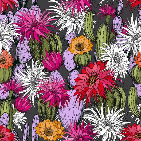 Modèle Sans Couture Avec Des Fleurs Cactus Vecteur Dessiné Main — Image vectorielle