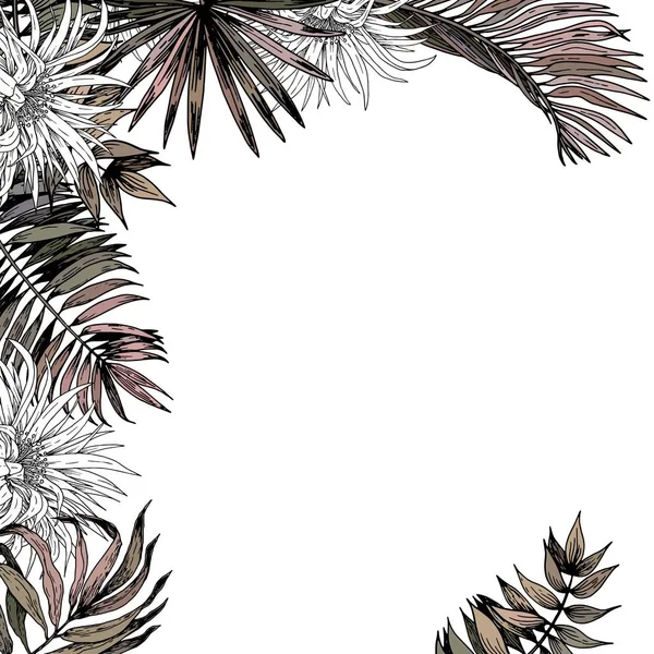 Cadre Carré Avec Feuilles Tropicales Fleurs Illustration Vectorielle Dessinée Main — Image vectorielle