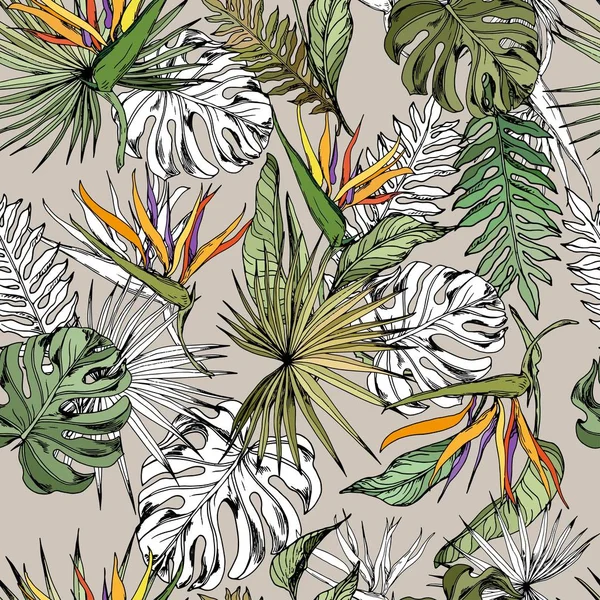 熱帯の葉とエキゾチックなストレチア花のシームレスなパターン ベージュ色の背景に手描きの背景 — ストックベクタ