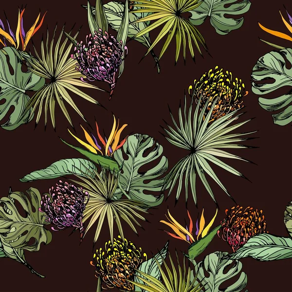 熱帯の葉とカラフルなエキゾチックな花のシームレスなパターン 暗い背景に手描きの背景 — ストックベクタ