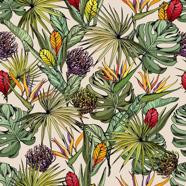 エキゾチックなストレチアとアナナスの花のシームレスなパターン ベージュ色の背景に手描きの背景 — ストックベクタ