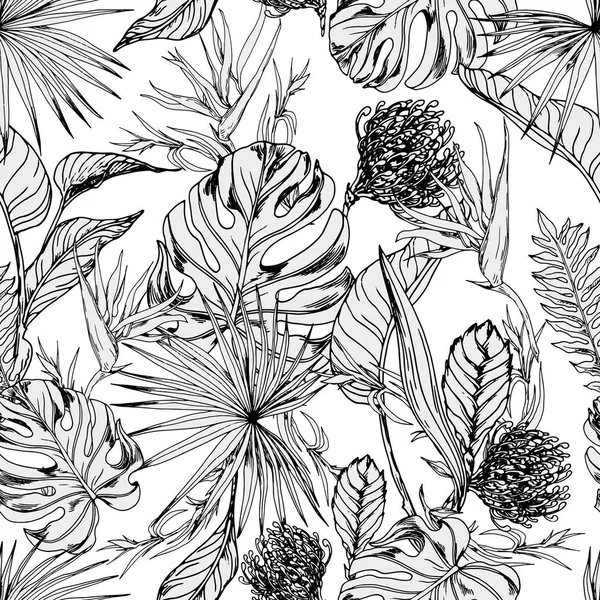 Nahtloses Muster Mit Tropischen Blättern Und Blüten Handgezeichneter Vektor Auf — Stockvektor