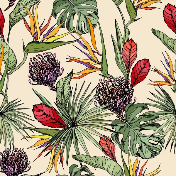 Бесшовный Узор Тропическими Растениями Красочными Экзотическими Цветами Вектор Ручной Работы — стоковый вектор