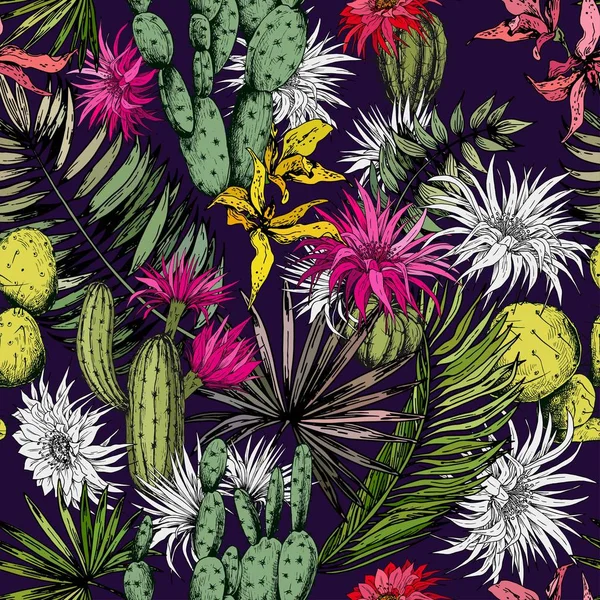 Seamless pattern with tropical leaves, cactus plants, cactus flowers and orchid flowers. Vector on dark purple background.