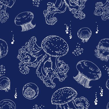 Koyu mavi arka planda denizanası ile Dikişsiz desen. El çizilmiş vektör.