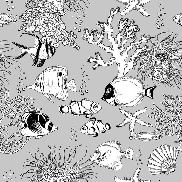 Бесшовный Узор Тропическими Рыбами Морскими Звездами Раковинами Кораллами Черно Белый — стоковый вектор