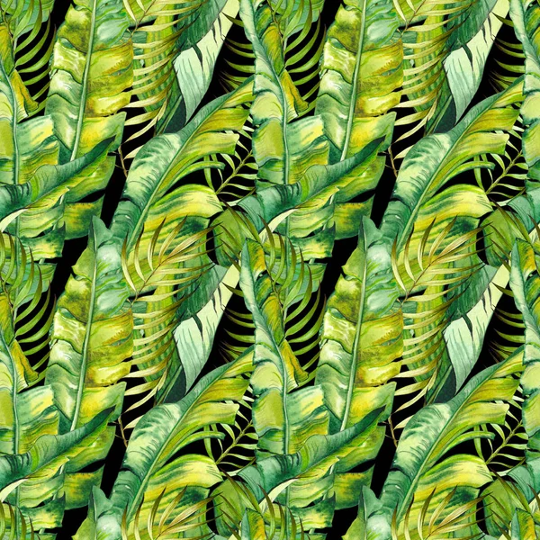 Seamless pattern with tropical banana leaves. Watercolor on black background.