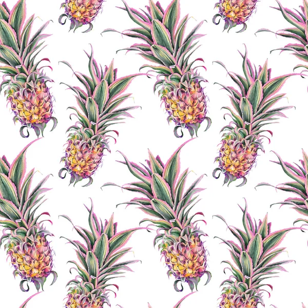 Pembe ananas ile Dikişsiz desen, ananas Bracteatus bromeliad bitki, süs varilli ananas. Beyaz arka planda suluboya.