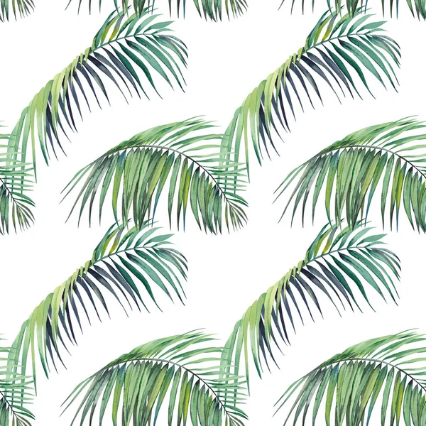 Бесшовный Узор Зелеными Пальмовыми Листьями Акварель Белом Фоне — стоковое фото