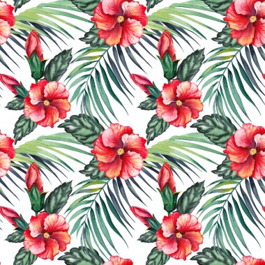 Kırmızı ebegümeci çiçekleri ve palmiye yaprakları ile dikişsiz desen. Beyaz arka planda suluboya.