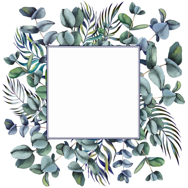 Floral frame with green eucalyptus leaves. Watercolor on white background.