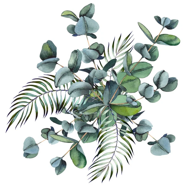 Bouquet Vert Aux Feuilles Eucalyptus Illustration Aquarelle Sur Fond Blanc — Photo