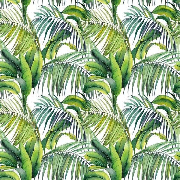 Seamless pattern with tropical palm leaves. Watercolor on white background.