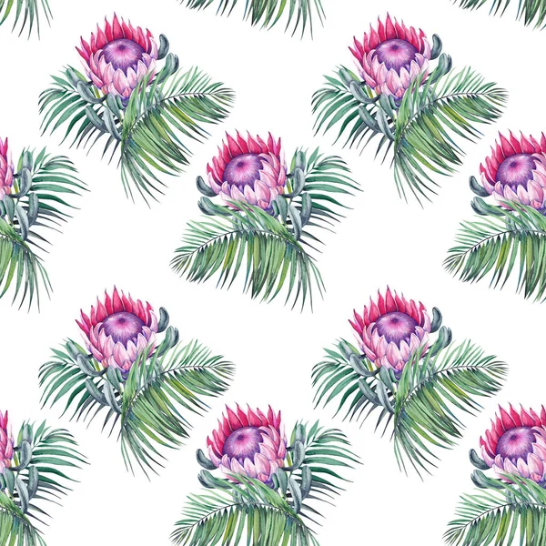 Padrão Sem Costura Com Exóticas Flores Protea Folhas Palma Ilustração — Fotografia de Stock