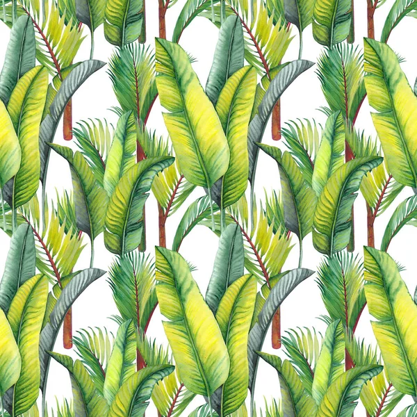 Seamless Pattern Green Palm Trees Banana Leaves Watercolor White Background — Stock Photo, Image
