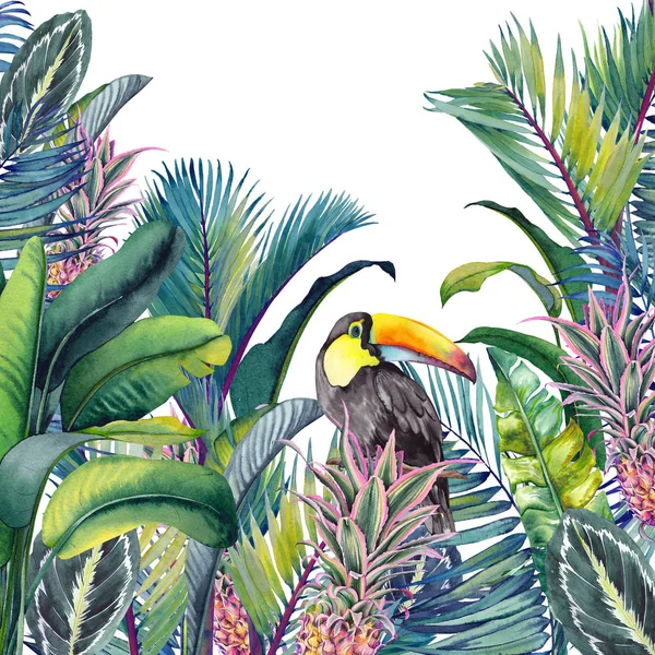Tropická Karta Toucan Palmami Ananasy Banánovníky Calatheou Akvarel Bílém Pozadí — Stock fotografie