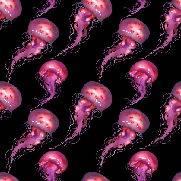 Patrón Sin Costura Acuarela Con Medusas Rojas Ilustración Dibujada Mano — Foto de Stock