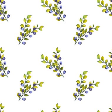 Orman yaban mersini ve yaprakları ile Dikişsiz desen. Beyaz arka planda suluboya illüstrasyon.