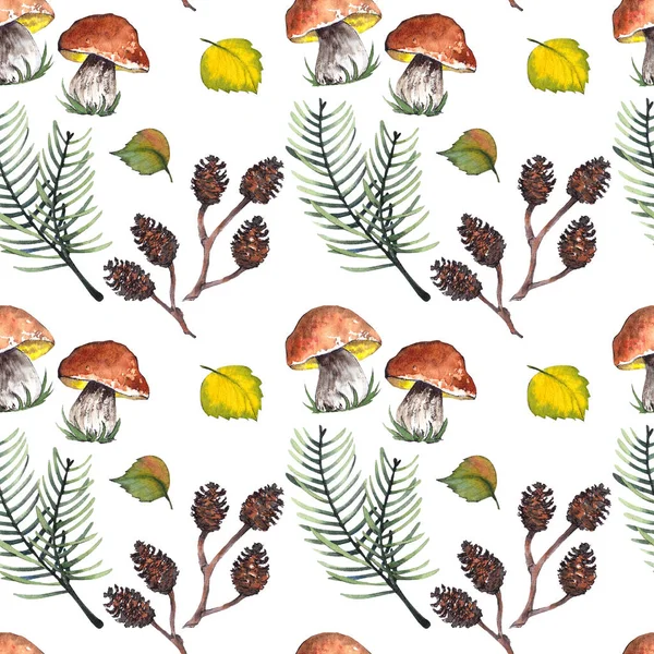 Mantar Çam Dalları Koni Yaprakları Ile Dikişsiz Desen Orman Illustration — Stok fotoğraf