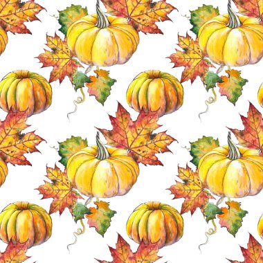 Sonbahar kabakları ve akçaağaç yaprakları ile dikişsiz desen. Beyaz arka planda suluboya illüstrasyon.