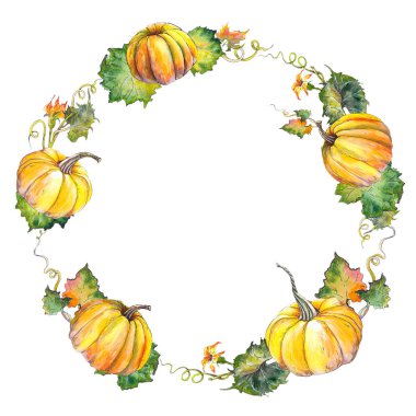 Sonbahar çelenk witn kabaklar, yaprakları ve dalları. Beyaz arka planda suluboya illüstrasyon. 