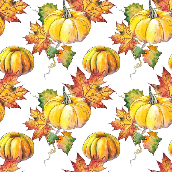 Seamless Pattern Autumn Pumpkins Maple Leaves Watercolor Illustration White Background — Stock Photo, Image