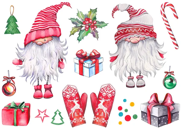 İskandinav nissers Noel seti (cüceler, elfler, cüceler, tonttus, tomtes), kırmızı eldivenler, hediye kutuları, holly çilek, topları, şeker kamışı ve konfeti. Suluboya beyaz izole. 