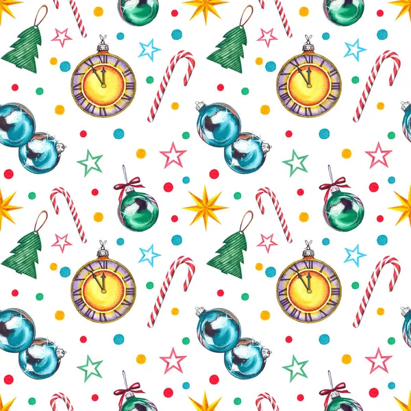Patrón Sin Costuras Con Bolas Navidad Reloj Bastones Caramelo Estrellas —  Fotos de Stock