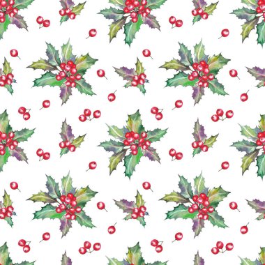 Noel holly berry bitkiler ile dikişsiz desen. Beyaz arka planda suluboya illüstrasyon.