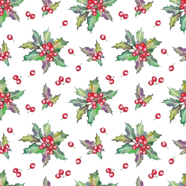 Varrat Nélküli Mintázat Karácsonyi Holly Bogyó Növények Akvarell Illusztráció Fehér — Stock Fotó