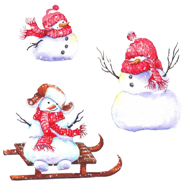 Set Van Leuke Sneeuwpoppen Dragen Rode Gebreide Sjaals Hoeden Aquarel — Stockfoto