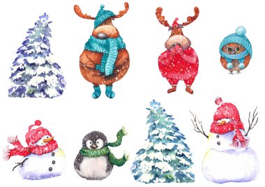 Set of snowmen, snowy fir trees, cute mooses, penguin and owl. Watercolor illustration on white background. Isolated elements for design. clipart