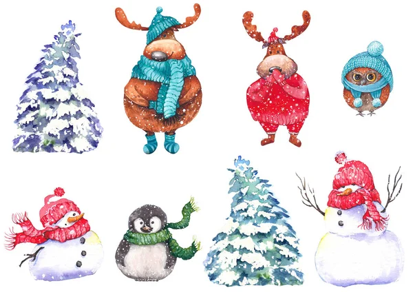 Zestaw Snowmen Śnieżne Jodły Cute Łacin Pingwin Sowa Ilustracja Akwarela — Zdjęcie stockowe