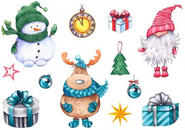 Kardan adam, komik geyik, nisser, hediye kutuları, saat, topları ve yıldız ile Noel seti. Suluboya beyaz izole. 