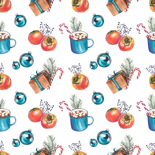 Seamless pattern with coffee mugs, marshmallow, persimmon fruits, gift boxes, candy canes, branches and Christmas balls. Watercolor illustration on white background.